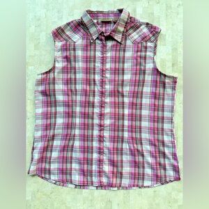 Wrangler Wrancher Sleeveless Shirt Pearl Snap Western Retro Pink Plaid - 2XL